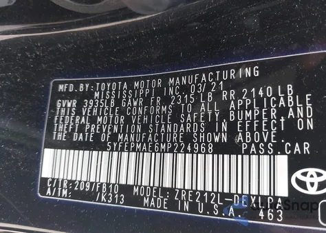 2021 Toyota Corolla Le из США, поврежденный, VIN 5YFEPMAE6MP224968